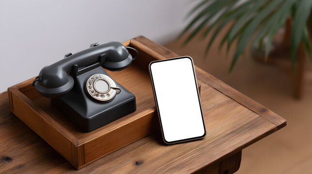 A vintage rotary phone sits next to a modern smartphone with blank screen on a wooden table. The contrast highlights the evolution of communication technology. Ideal for tech comparison visuals, edito