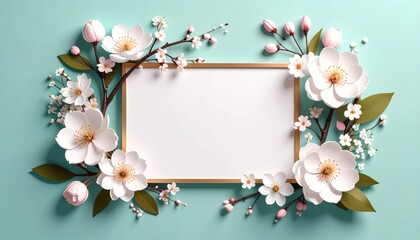 Floral decoration with blank frame studio setup paper art bright environment top down view visual aesthetics for creative projects