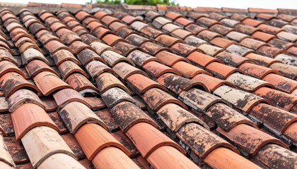 Fototapeta premium Weathered red clay roof tiles pattern texture Close up view of aged terracotta roofing
