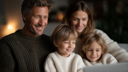 Fototapeta premium Joyful Parents and Children Sharing a Fun Moment on Couch in Cozy Living Room with Laptop, family bonding, digital lifestyle, happy parents, kids and technology, modern home, living room scene, cozy