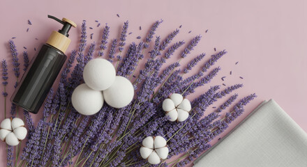  Lavender, dryer balls, and a lotion bottle for laundry, symbolizing freshness and natural care.