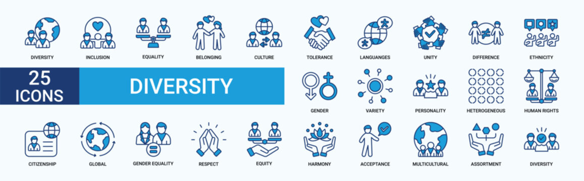 Diversity icon set. Containing equality, culture, languages, tolerance, difference, belonging, human rights and ethnicity icons. Blue icon collection. Vector illustration.