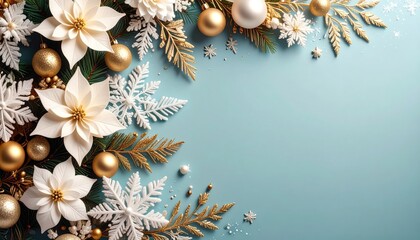 Elegant holiday floral arrangement with gold ornaments festive decor christmas theme soft background close-up view seasonal celebration
