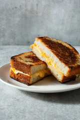 A view of a grilled cheese sandwich, on a plate.