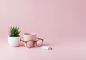 Green succulent plant pink mug tortoiseshell glasses white flash drive image
