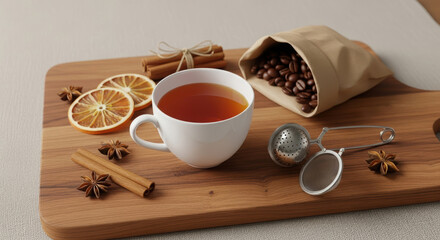 Cup of tea, coffee beans, cinnamon sticks, and dried oranges on a wooden board.