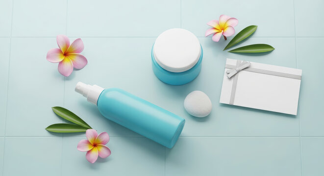 Cosmetic products, frangipani flower, and a gift card on blue tiles, top view.