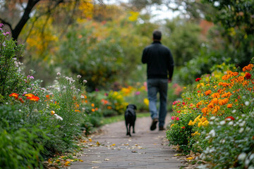 Fototapeta premium Man in Warm Jacket Walking Dog on Leash Through Peaceful Park Trail During Quiet Autumn Morning or Evening Light