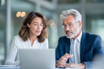 Obraz premium Two professionals, a man and a woman, collaborate and discuss work while looking at a laptop in a modern office setting.