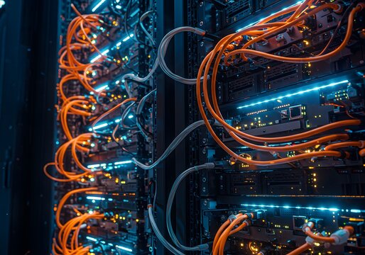 Server rack with orange wires and blue lights in data center environment