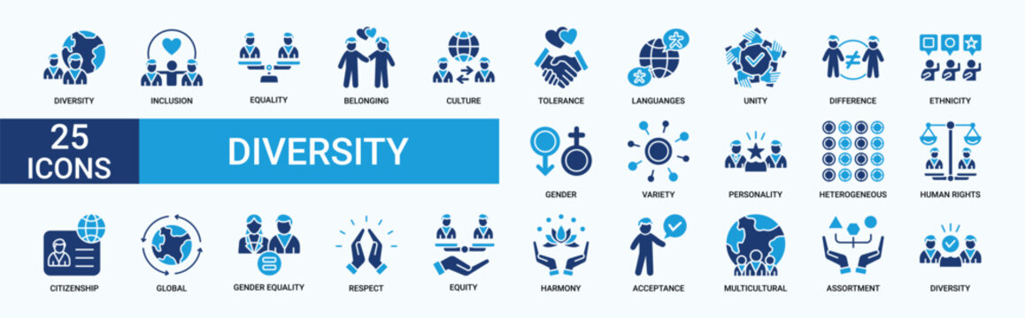 Diversity icon set. Containing equality, culture, languages, tolerance, difference, belonging, human rights and ethnicity icons. Flat Blue icon collection. Vector illustration.
