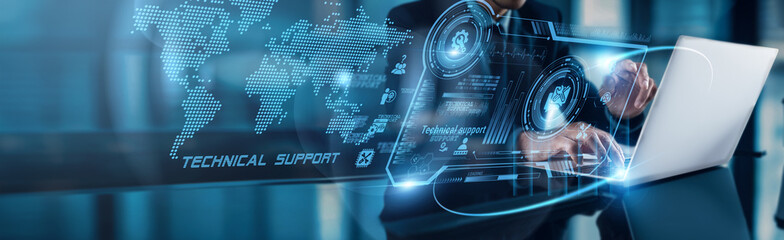 A businessman analyzes technical support data, showing growth on the global network. Efficient...