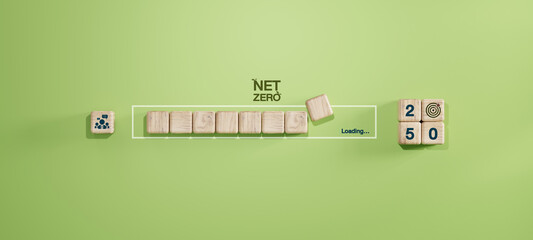 Wooden blocks showing Net Zero 2050 target concept with loading progress bar. Environmental sustainability, climate action, carbon neutrality, and corporate responsibility theme.