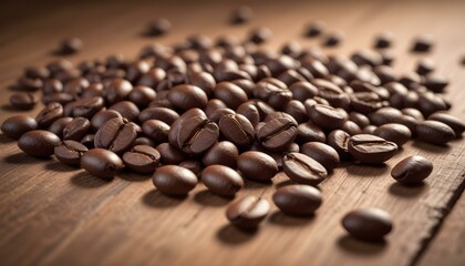 Roasted coffee beans scattered on a rustic wooden surface, ready for brewing.