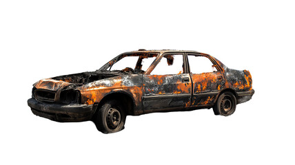 Severely burned luxury sedan engulfed in intense flames with shattered body panels and billowing smoke — ultra-high-resolution transparent PNG cut-out ideal for dramatic automotive accident
