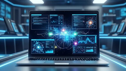 Laptop displaying AI data visualizations in a futuristic server room - Powered by Adobe