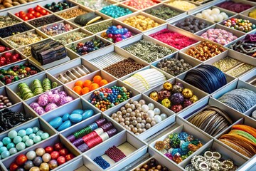 Fototapeta premium Vibrant Colorful Beads, Jewelry Findings, and Craft Supplies in Organized Compartments.