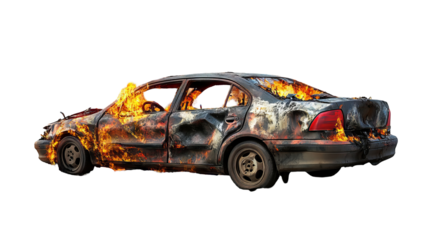 Severely burned luxury sedan engulfed in intense flames with shattered body panels and billowing smoke — ultra-high-resolution transparent PNG cut-out ideal for dramatic automotive accident
