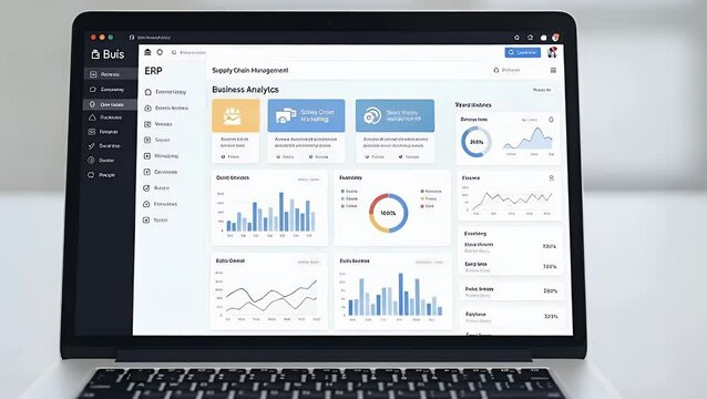 Laptop displaying ERP supply chain management and business analytics dashboard