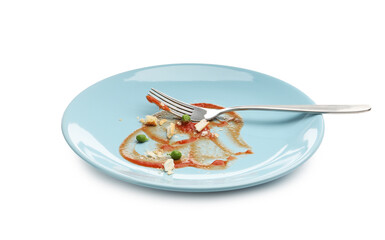 Dirty plate with tomato sauce, peas, bread crumbs and fork isolated on white