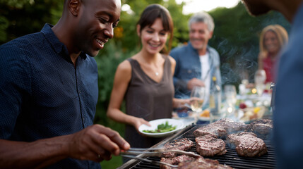 Group of People Grilling Meat Outdoors at Barbecue