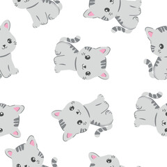 Hand drawn vector seamless pattern with playful kittens on white background