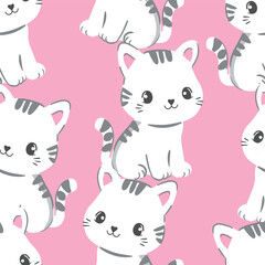Hand drawn vector seamless pattern with gray kittens on pink background