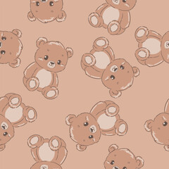 Hand drawn vector seamless pattern of plush teddy bears in beige tones