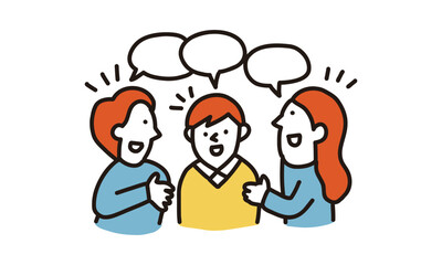 家族の会話　子どもを囲んで話す夫婦のイラスト