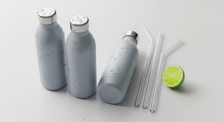Three reusable water bottles with condensation, glass straws, and a lime half on a white background.