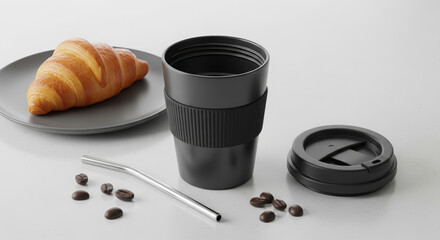 Black travel mug with lid, croissant on a plate, metal straws, and coffee beans on a light background.