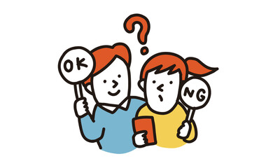 OKかNGか　スマホの使い方やルールについて一緒に考える親子のイラスト