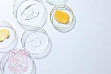 Different cosmetic products in Petri dishes on white background, flat lay. Space for text