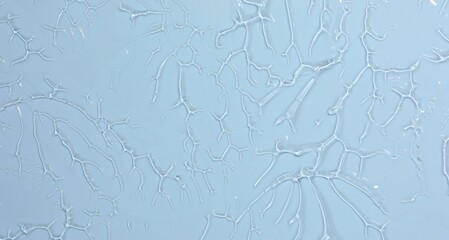 Sample of cosmetic product on light blue background, closeup