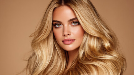 Fototapeta premium Blonde wavy hair woman with glowing skin and natural makeup posing against beige background with confident expression