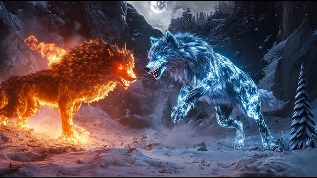 Two wolves, one fire, one ice