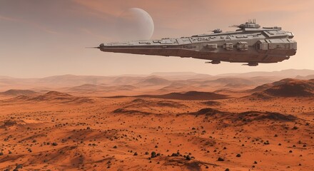 Futuristic Spaceship Over Martian Landscape - Science Fiction Starship Flying Above Red Planet for Space Exploration and Aerospace Technology Concepts
