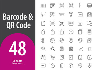 Barcode and QR Code Line Icons, Scanner, UPC, Product Label, Data Matrix, Mobile Scan, Editable Formats: AI, EPS, JPG, Ideal for Both Digital and Print Use