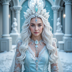 Young woman dressed as ice queen in ornate palace setting  