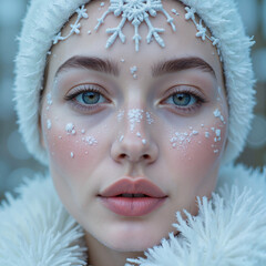 Young woman with snowflake makeup and winter hat on blurred background  