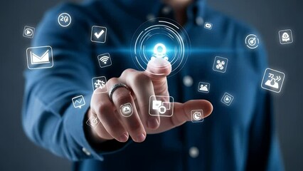 Person interacting with a holographic interface displaying various icons - Powered by Adobe