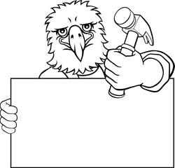 An eagle handyman or carpenter cartoon construction man mascot character holding a hammer tool