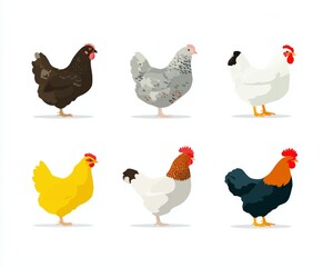 Colorful flat vector icon set featuring various chicken breeds designed in a clean modern style suitable for user interfaces and illustrations in culinary or agricultural themes