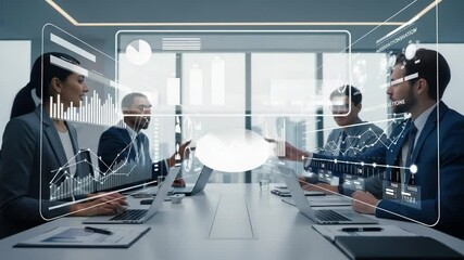 Tech-savvy Business Team Collaborating in a Modern Office With Data Analytics Displays - Powered by Adobe