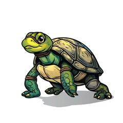 Stylized Green Turtle with Detailed Shell and Focused Gaze Cartoon Illustration