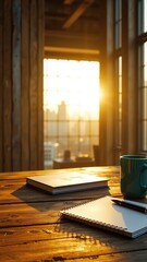 Morning light streaming through window illuminates desk with notebook, pen, book, and mug creating a serene workspace.