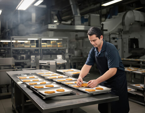 The worker in the factory places the chicken schnitzel