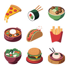 vector icons cooking food chef hat include a pizza slice, a sushi roll, spaghetti and meatballs, a curry bowl burger , fish 
