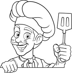 A chef, barbecue cook or baker cartoon food man mascot character holding a spatula and peeking around a sign or menu board with copy space illustration