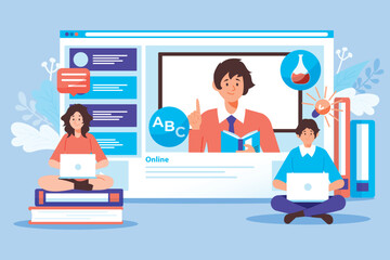 Online Education Illustration Featuring Students Teacher and Learning Elements